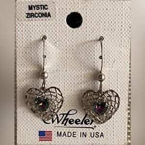 Wheeler Heart Mystic Zirconia Earrings Silver Tone Wire Dangle Made in USA New